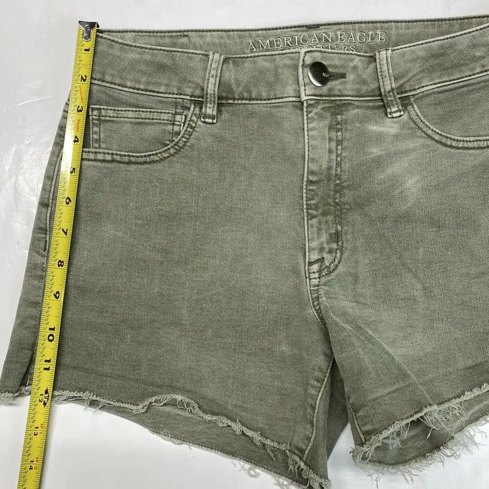 American Eagle Shorts Hi-Rise Shortie Sz 8 Super Super Stretch Green Denim Fray